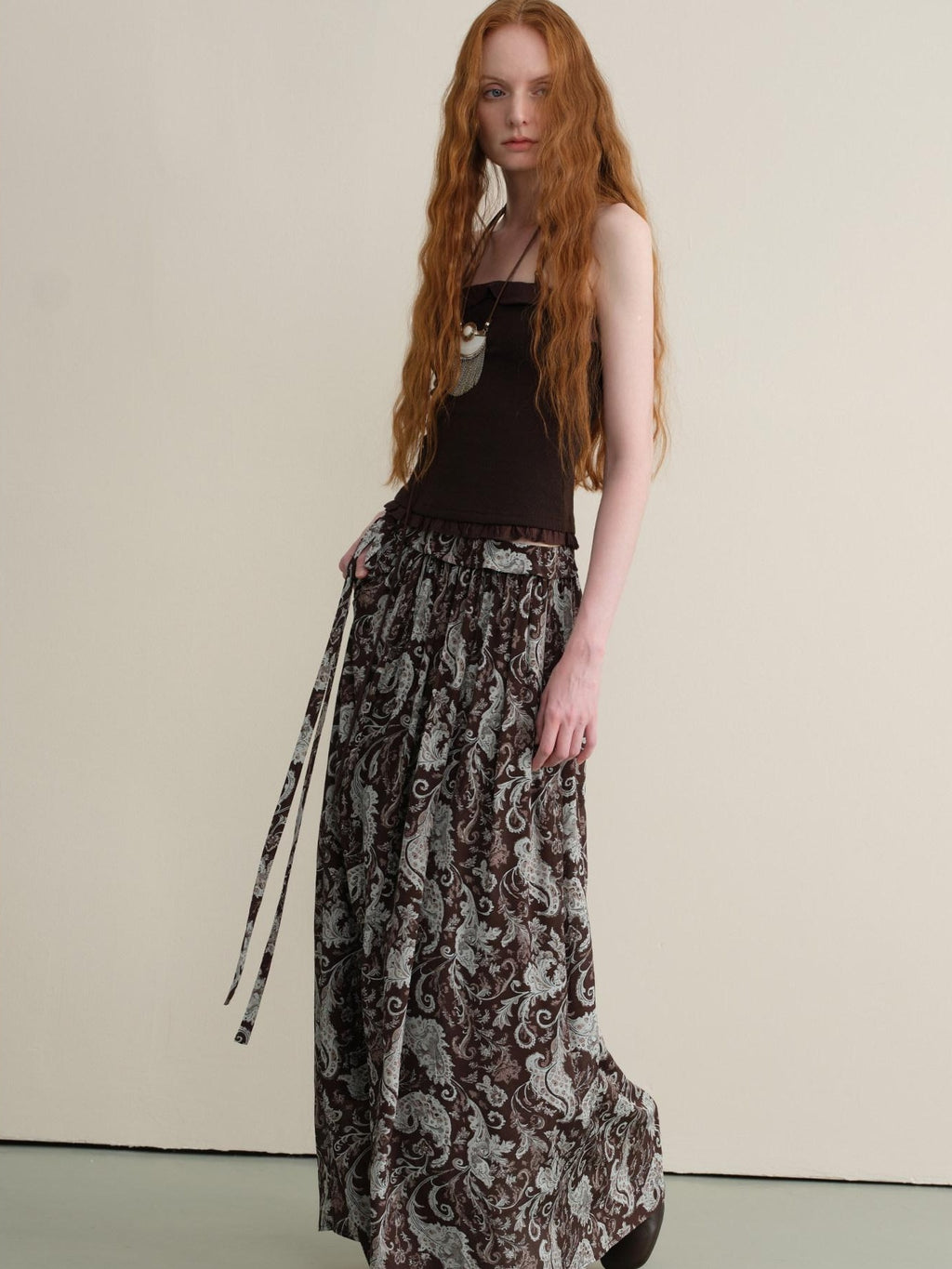 someonesometimes Lace Paisley Tie Mid Waist Relaxed H Line Casual Vacation Ladies Maxi Skirts