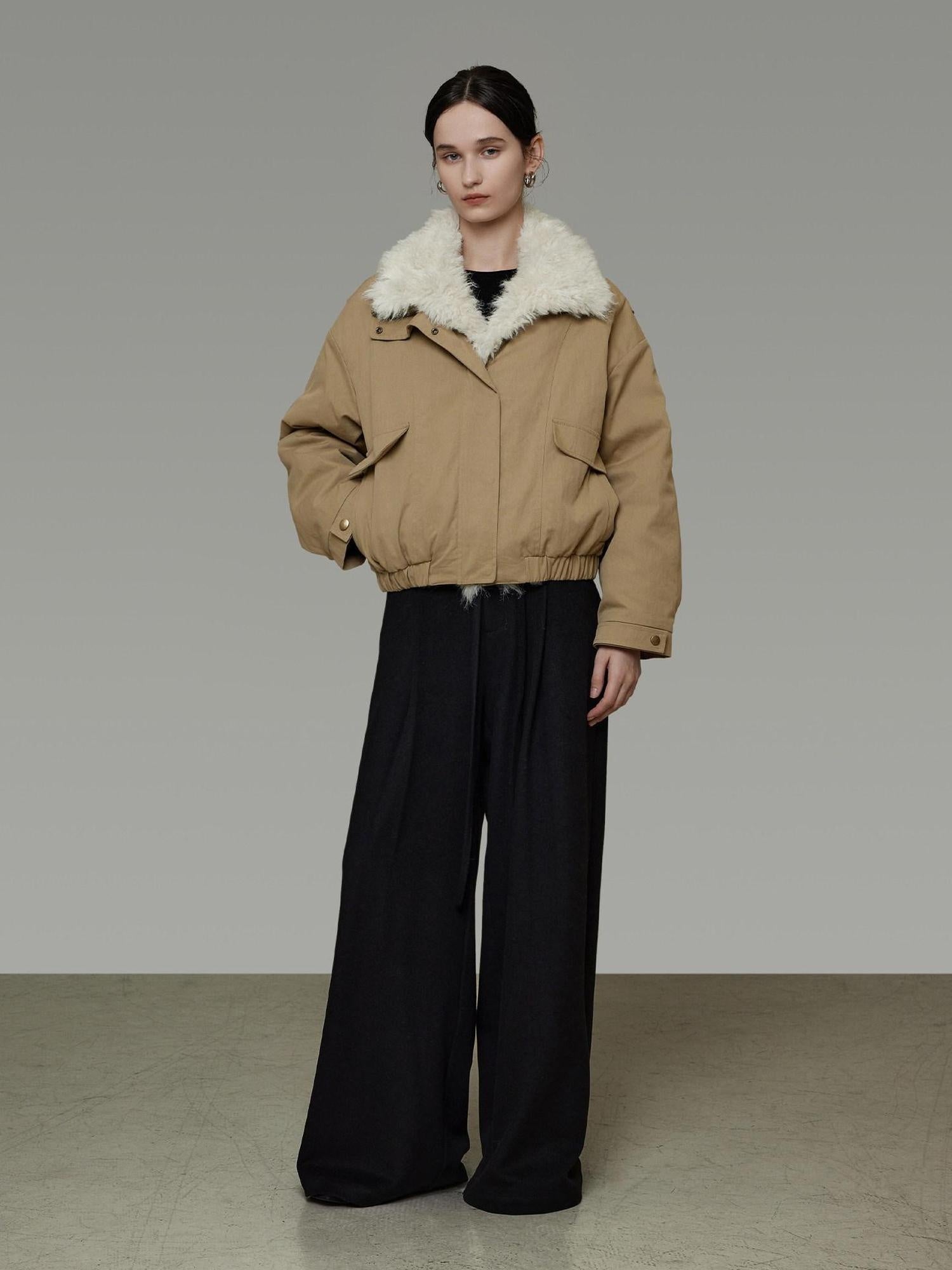 unspoken Thick Cotton Padded Patchwork Cropped Loose Commuter Khaki Puffer Jackets
