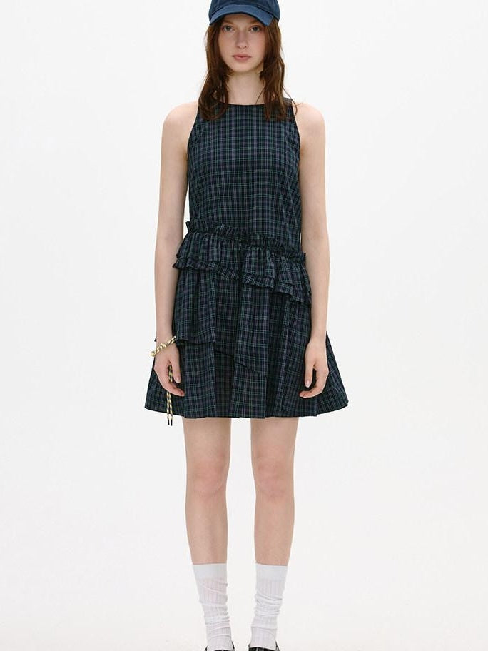 fano Cotton Sleeveless Korean Office A Line Plaid Natural Waist Midi Dresses
