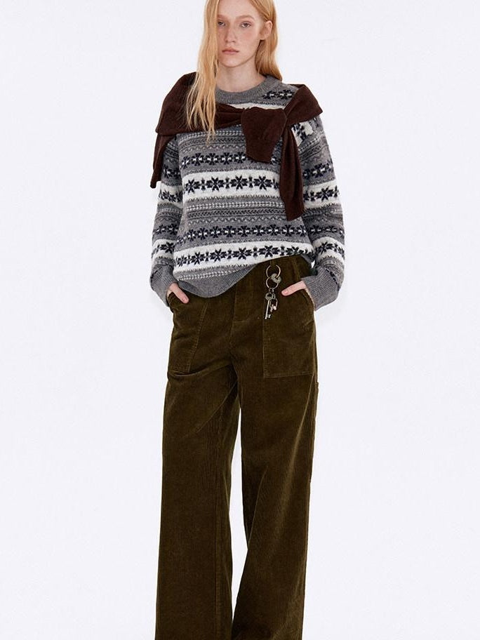 fano Breathable Cotton Vintage Straight Natural Waist Large Pockets Wide Leg Pants