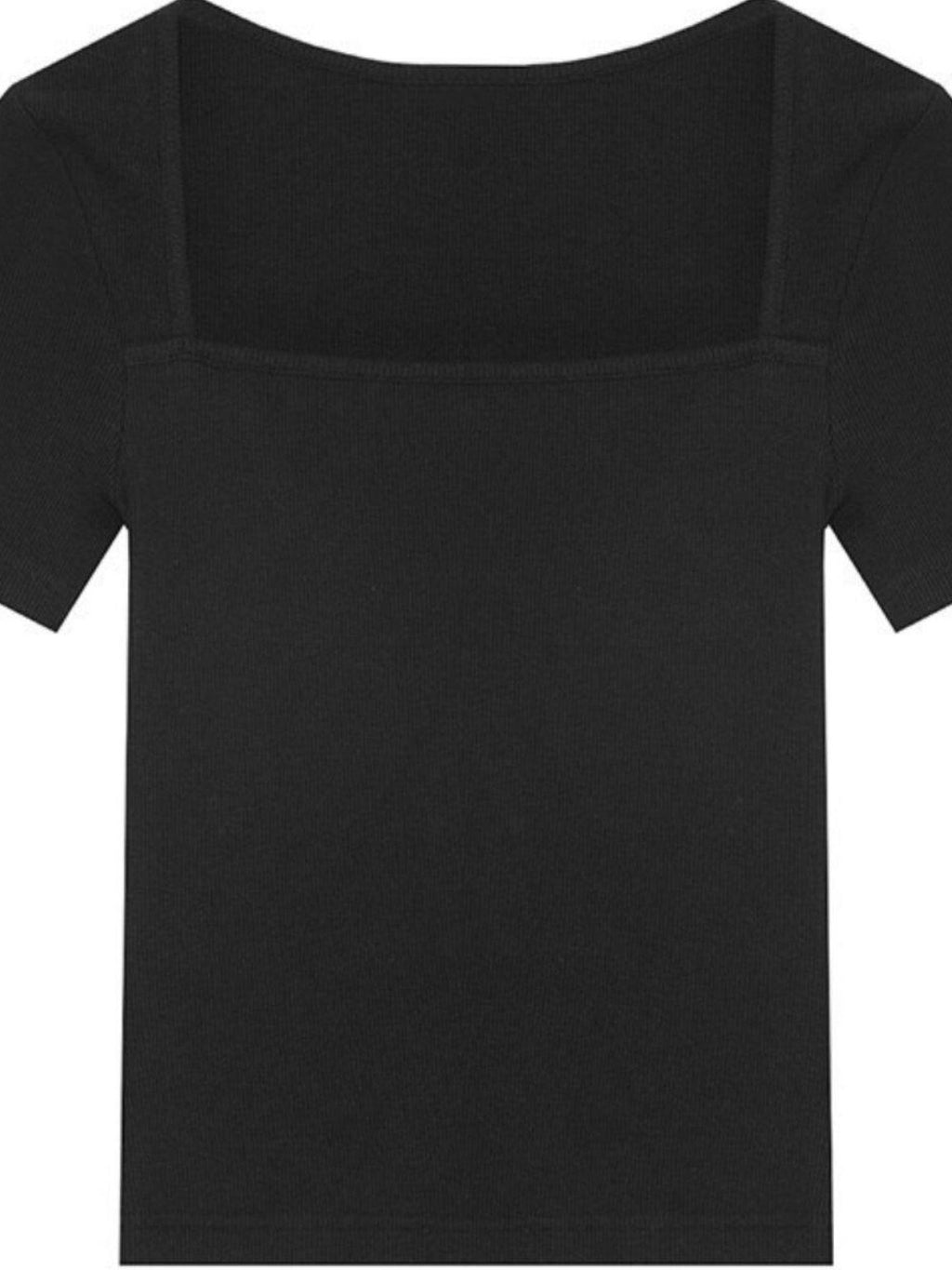 fano Creative Square Neck Slim Fit Minimalist Women Black White Short Sleeve T-Shirts