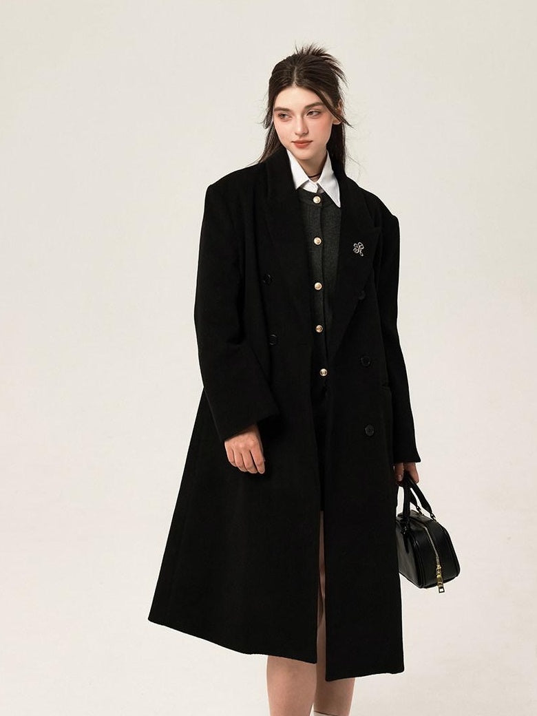 ikyou Wool Blend Double Breasted Straight Mid Length Office Tailored Black Long Coats