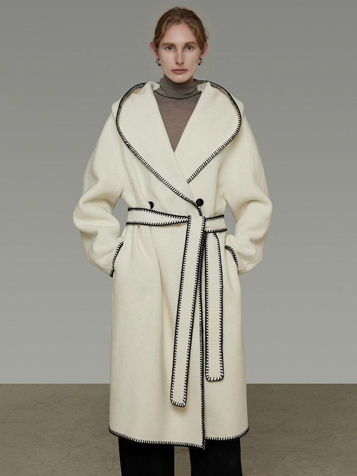 unspoken Thick Hooded Oversized Mid Length Tie Belt Minimalist Commuter White Wool Coats