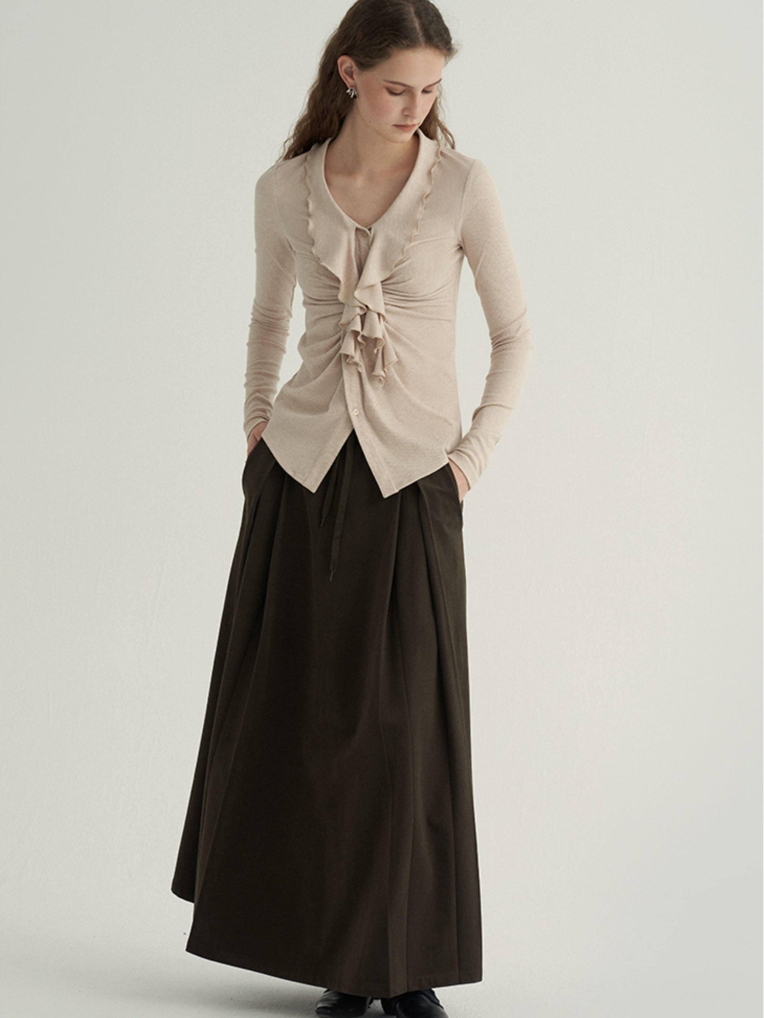 someone sometimes Ruffled V-neck Slim Fit Thin Knit Viscose Women Oatmeal Long Sleeve T-Shirts