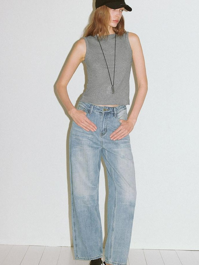 fano High Waist Cotton Floral Blue Zip Fly Loose Fit Women Straight Leg Jeans