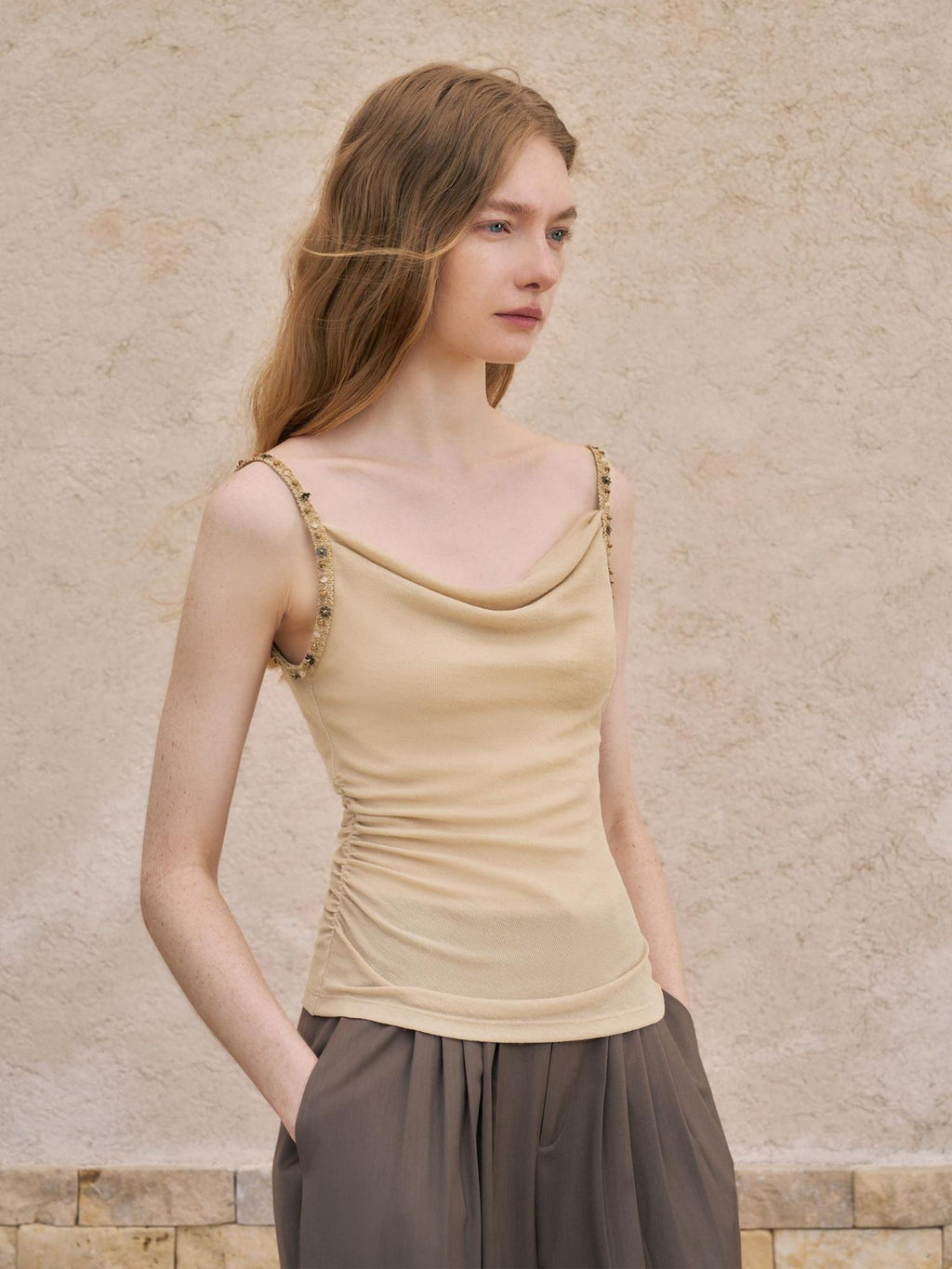 someonesometimes Pleated Zipper Slim Fit Chic Minimalist Women Recycled Fabric Camisoles