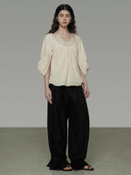 unspoken Durable 100% Cotton Original Relaxed Round Neck Women Beige Solid Blouses