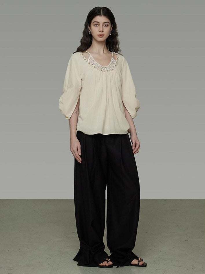 unspoken Durable 100% Cotton Original Relaxed Round Neck Women Beige Solid Blouses