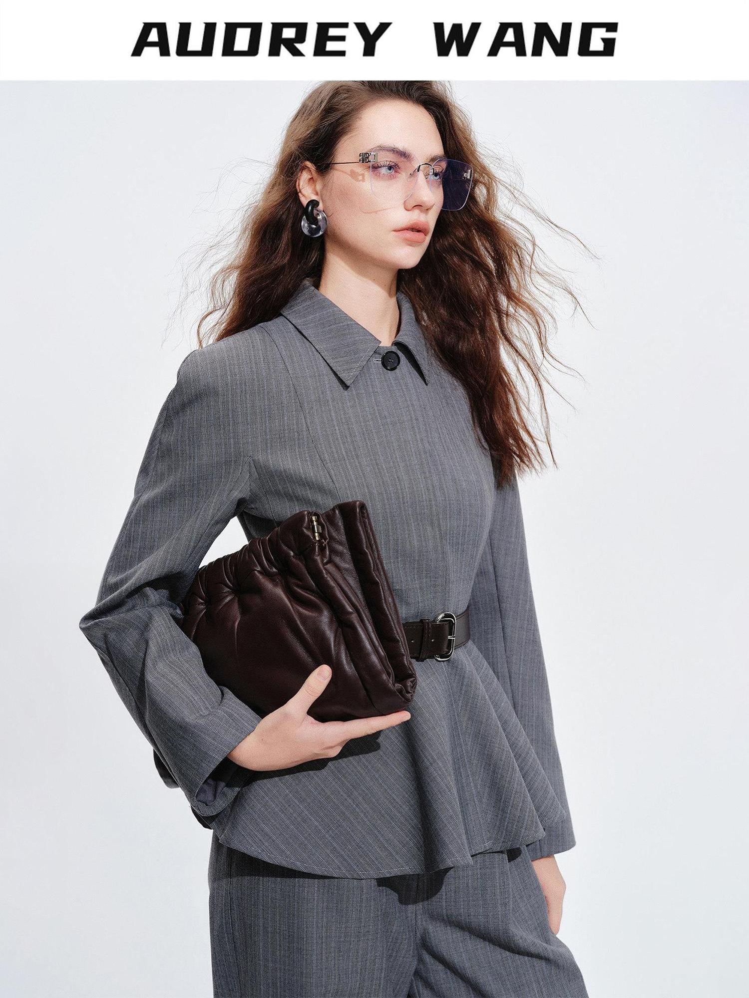 audreyyang Shape Retaining Cinched Waist Herringbone Lapel Women Wool Blend Cropped Jackets