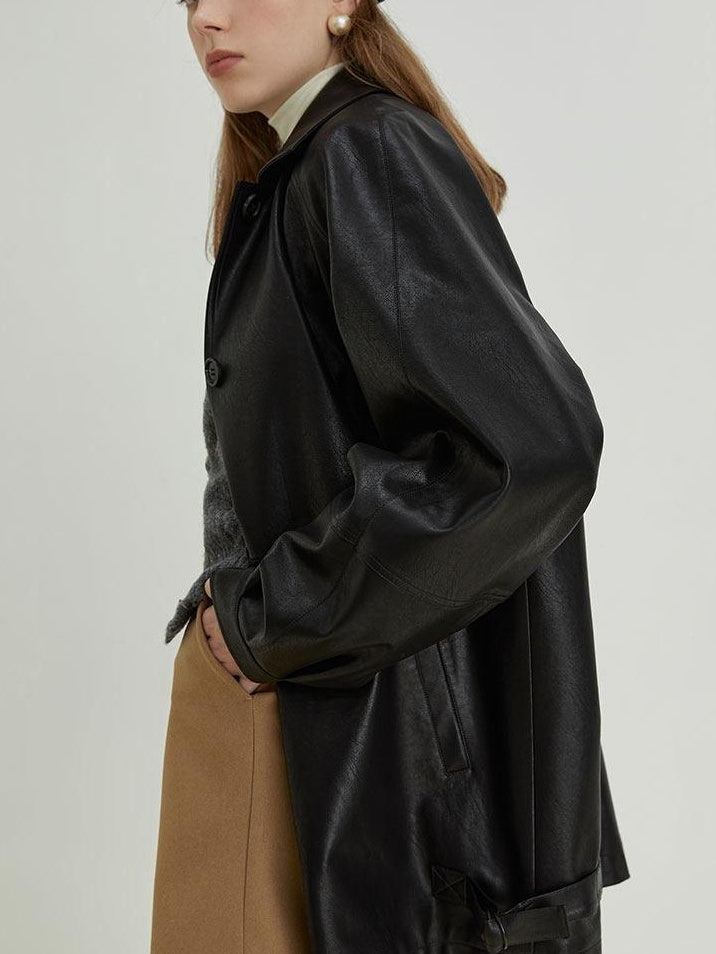 fano Warm Vintage Loose Fit Turn Down Collar Button Closure For Women Leather Jackets