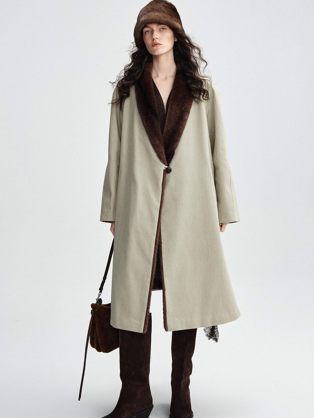 audreyyang Warm Thick Lapel Patchwork Slavic Loose Fit For Women Faux Fur Almond Long Coats