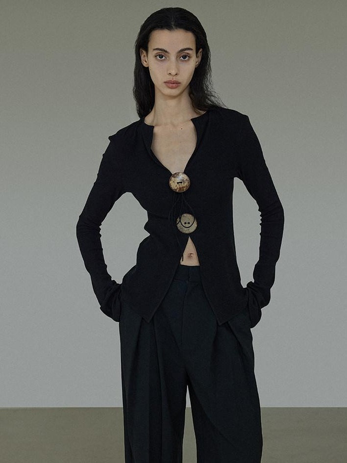 unspoken Side Slit Slim Fit Casual V-neck Button Long Sleeve Black Women Knit Cardigans
