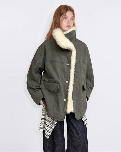 fano 90% White Duck Down Warm High Waist Loose Stand Collar Women Green Down Jackets