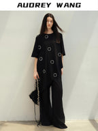 Rhinestone Asymmetric Loose Commuter Cotton Black Women Short Sleeve T-Shirts