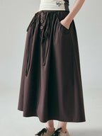 fano Soft 100 Percent Cotton Aline Mid Waist Flowy Korean Plain Brown Maxi Skirts
