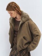 someonesometimes Lyocell Cotton Blend Relaxed Stand Collar Zip Women Beechwood Green Short Coat