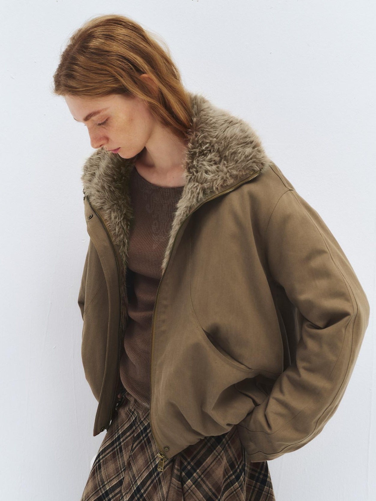 someonesometimes Lyocell Cotton Blend Relaxed Stand Collar Zip Women Beechwood Green Short Coat