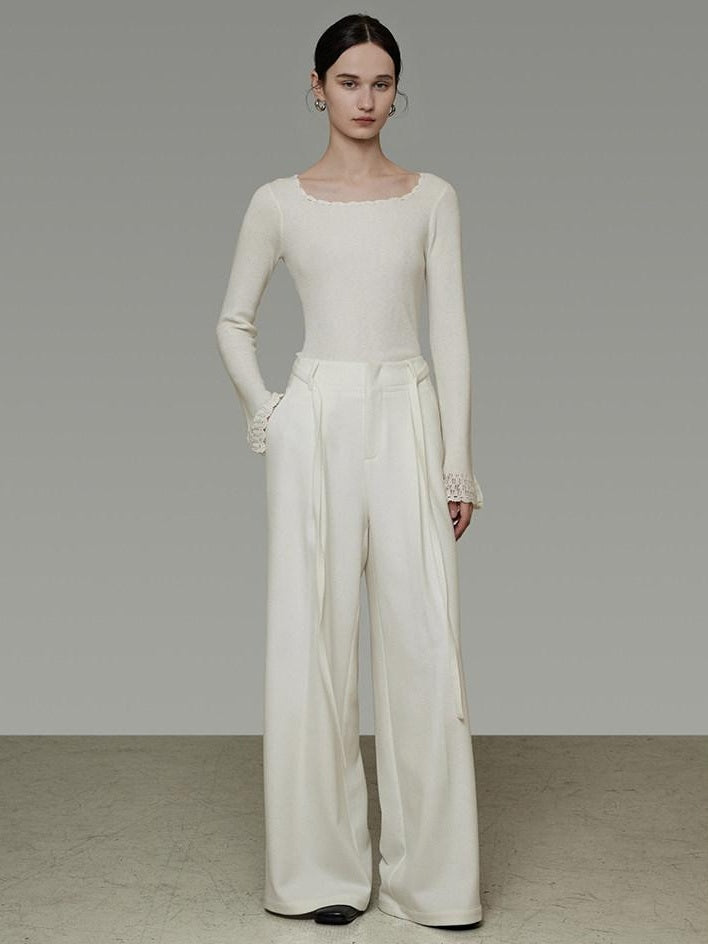 unspoken High Waist Drawstring Minimalist Breathable White Women Wide Leg Pants