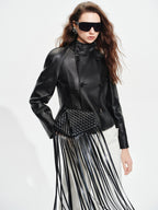 audreyyang Lambskin Vintage Loose Women Double Breasted Black Leather Jackets