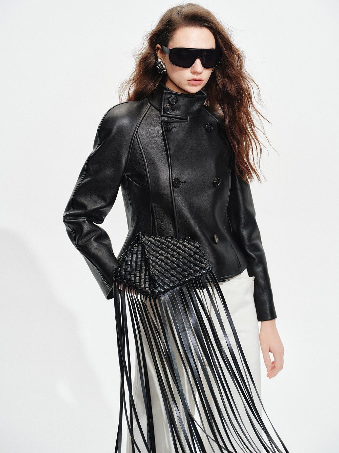 audreyyang Lambskin Vintage Loose Women Double Breasted Black Leather Jackets