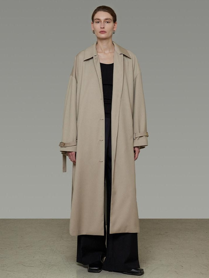 unspoken Minimalist Longline Single Breasted Loose Fit Women Beige Trench Coats