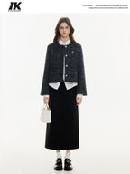 ikyou High Waist Embroidered A Line Casual Commuter Black Polyester Midi Skirts