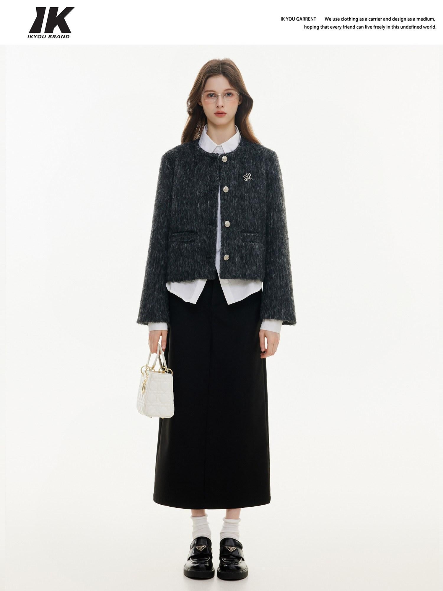 ikyou High Waist Embroidered A Line Casual Commuter Black Polyester Midi Skirts