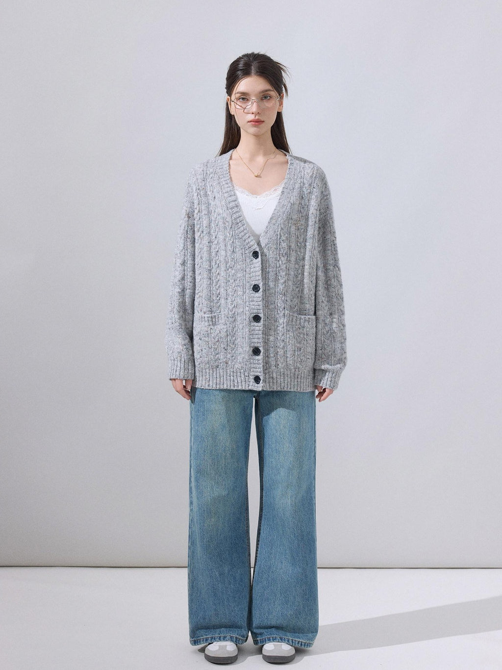 ikyou Soft Breathable Slouchy Loose V-neck Long Sleeve Gray Knit Casual Women Cardigans