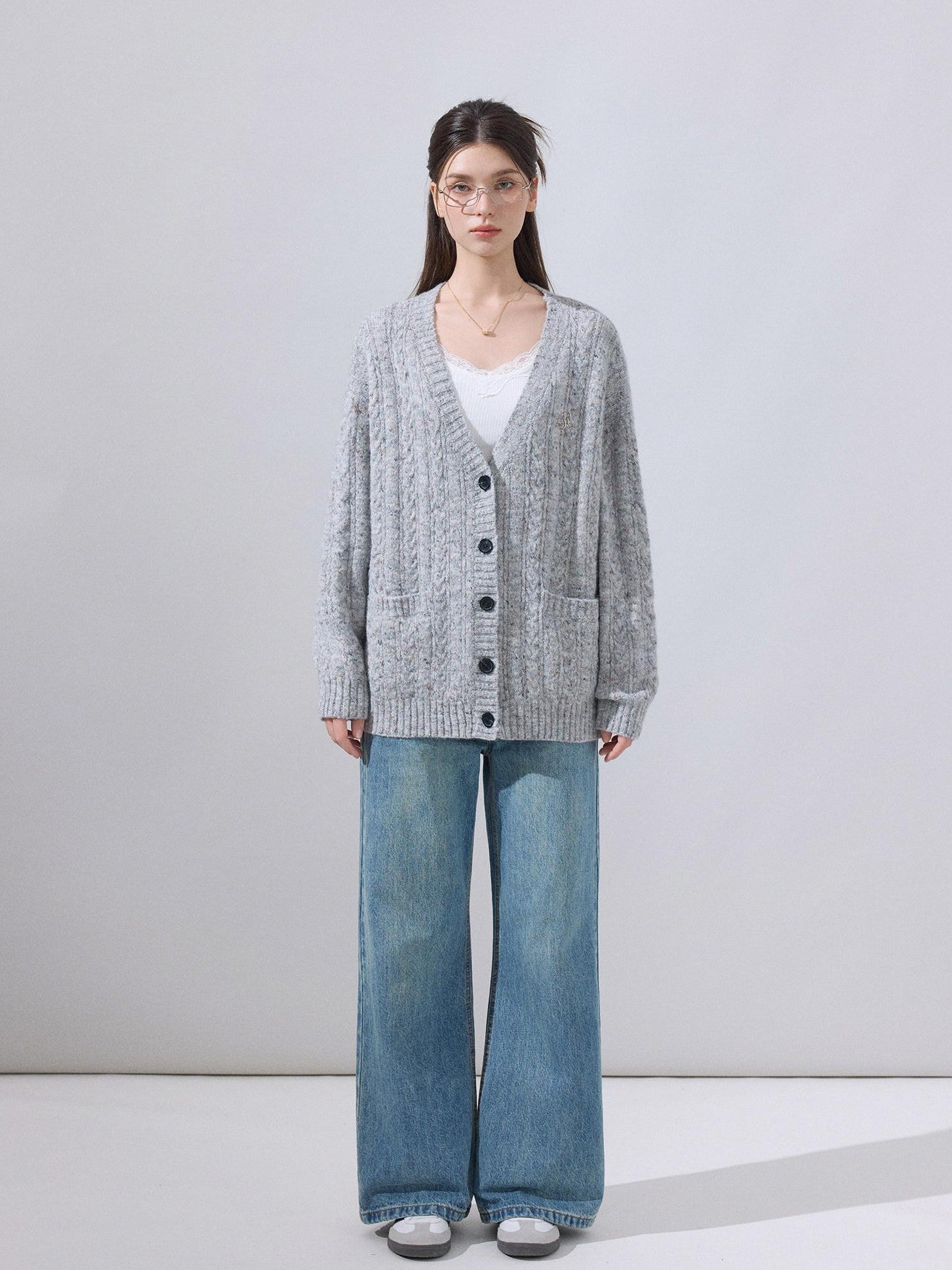 ikyou Soft Breathable Slouchy Loose V-neck Long Sleeve Gray Knit Casual Women Cardigans