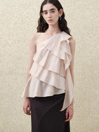 someonesometimes Ruffle One Shoulder Loose Tencel Modal Soft Mist Pink Women Top