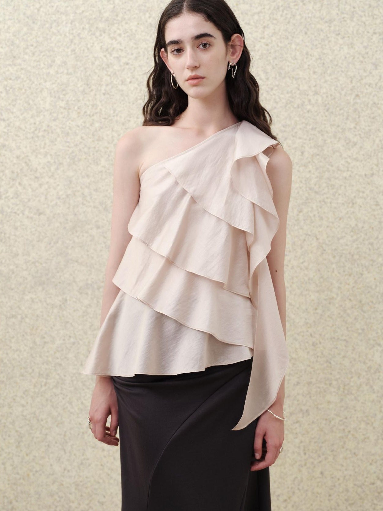 someonesometimes Ruffle One Shoulder Loose Tencel Modal Soft Mist Pink Women Top