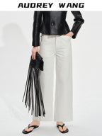 audreyyang Breathable Cotton High Waist Tailored Pockets Button Fly White Straight Pants