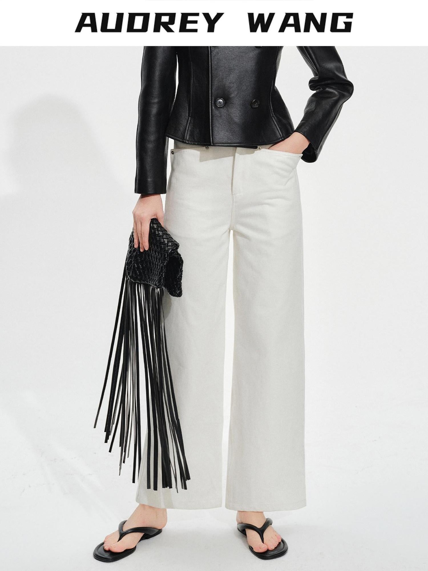 audreyyang Breathable Cotton High Waist Tailored Pockets Button Fly White Straight Pants
