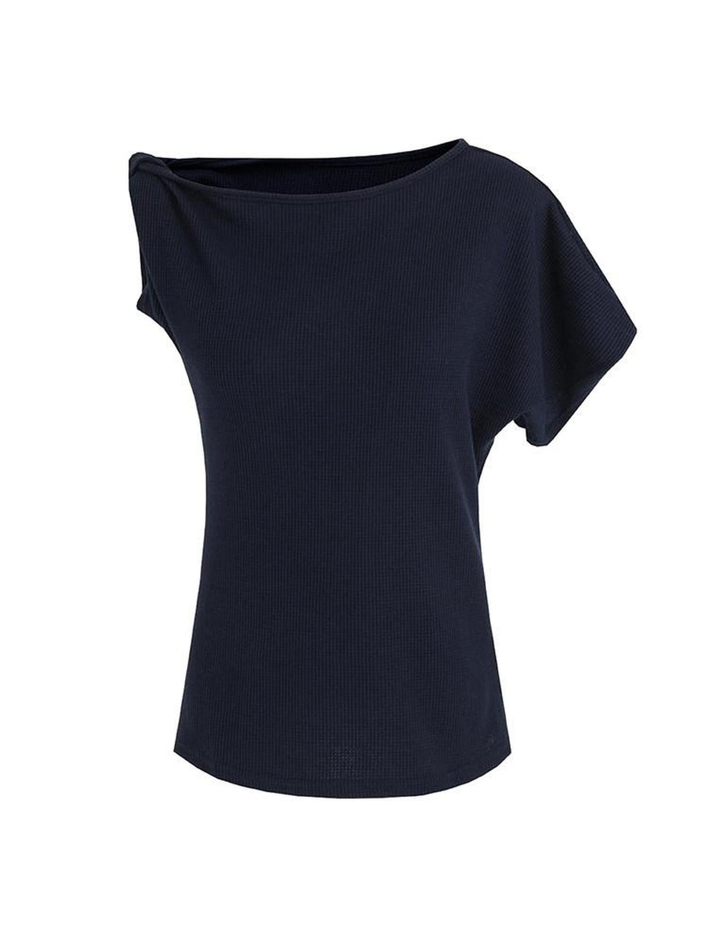 unspoken 3D Detail Slim Fit Minimal Commuter Asymmetric Neck Navy Off Shoulder Crop Tops
