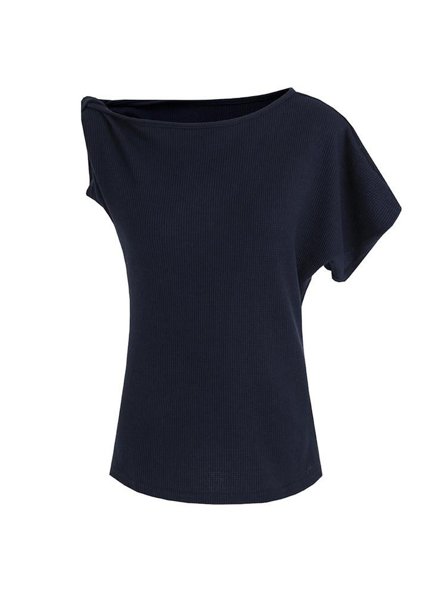 unspoken 3D Detail Slim Fit Minimal Commuter Asymmetric Neck Navy Off Shoulder Crop Tops