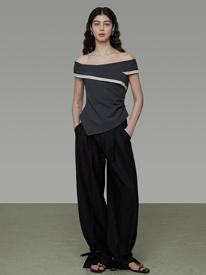 unspoken Slim Minimalist Colorblock Office Bardot Sleeveless Off Shoulder Crop Tops