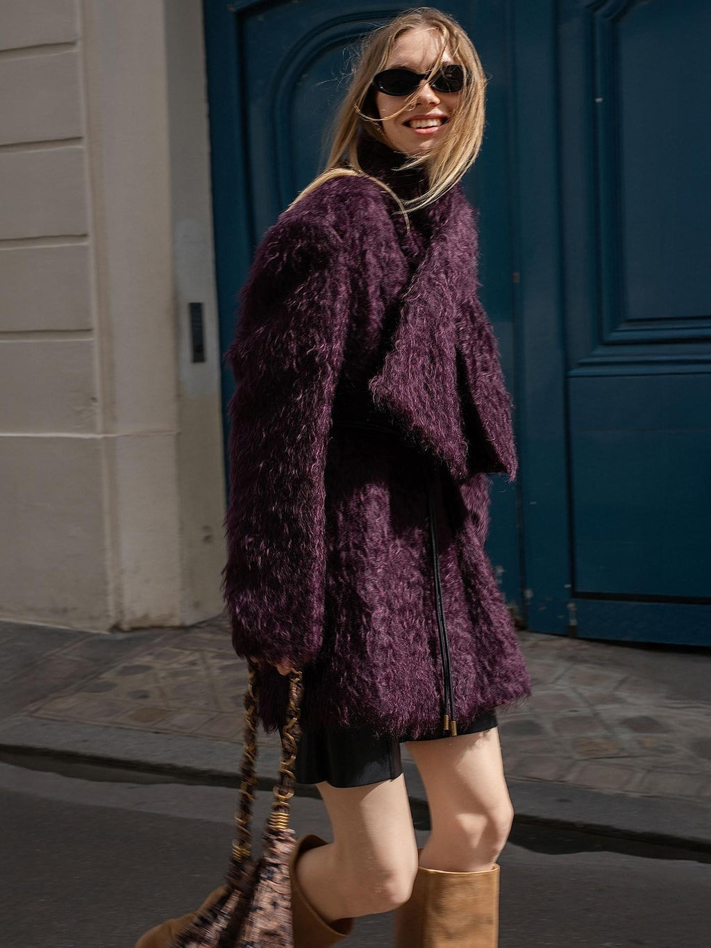 audreyyang Thick Mohair Blend Commuter V-neck For Women Solid Mustard And Grape Wool Coats