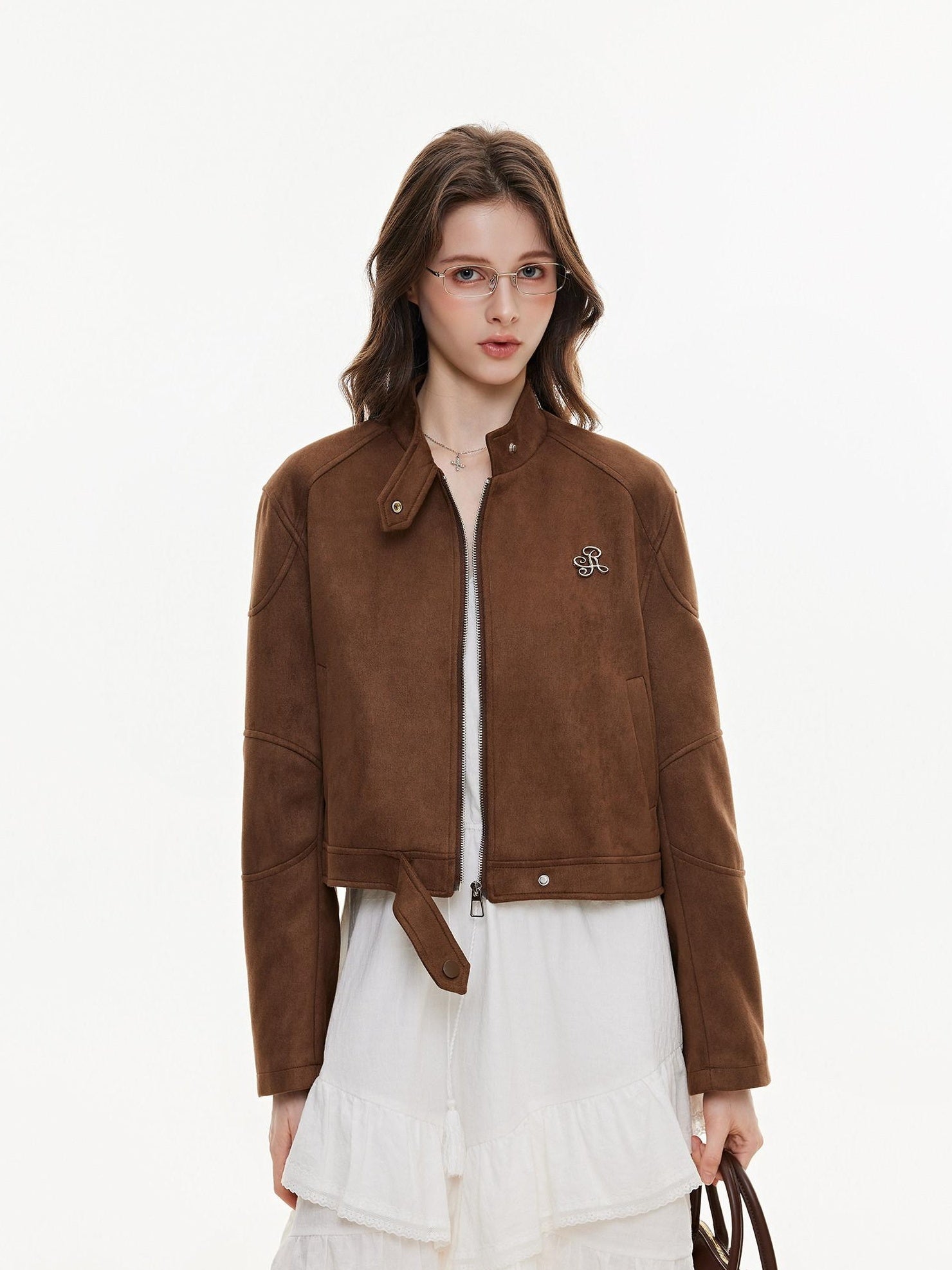 ikyou Durable Vintage Slim 3D Embellished Stand Collar Zip Brown Women Cropped Jackets