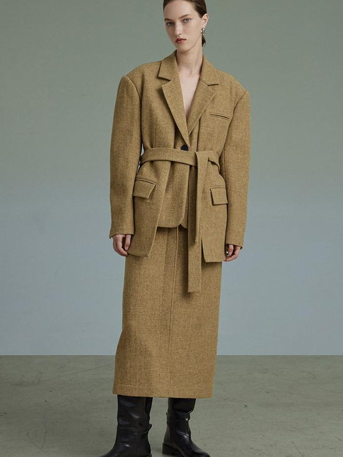 unspoken Wool Single Button Notched Lapel Loose Fit Rice Yellow Young Women Blazers
