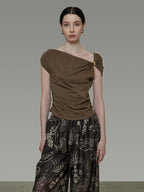 unspoken Eco Hemp Cotton 3D Detail Slim Fit Asymmetric Neck Brown Off Shoulder Crop Tops