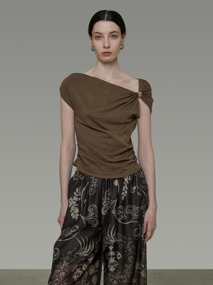 unspoken Eco Hemp Cotton 3D Detail Slim Fit Asymmetric Neck Brown Off Shoulder Crop Tops