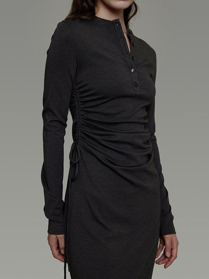 unspoken Breathable Tencel Ruched High Waist A Line Long Sleeve Slim Office Maxi Dresses