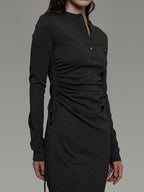 unspoken Breathable Tencel Ruched High Waist A Line Long Sleeve Slim Office Maxi Dresses