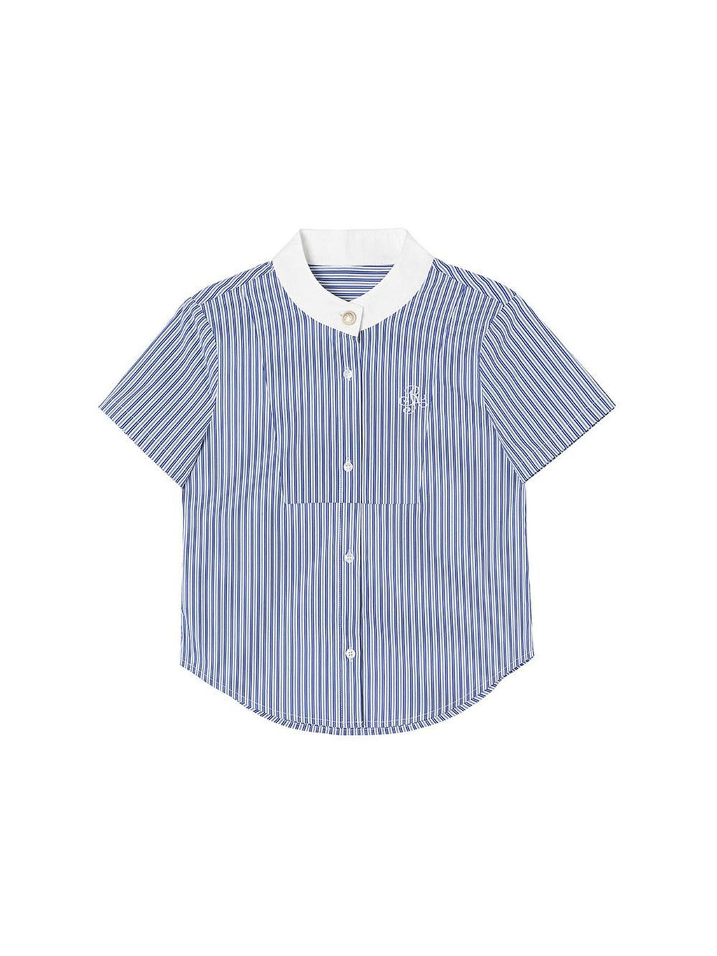 ikyou Embroidered Patchwork Straight Fit Stand Collar Short Sleeve Blue Button Blouses