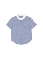 ikyou Embroidered Patchwork Straight Fit Stand Collar Short Sleeve Blue Button Blouses