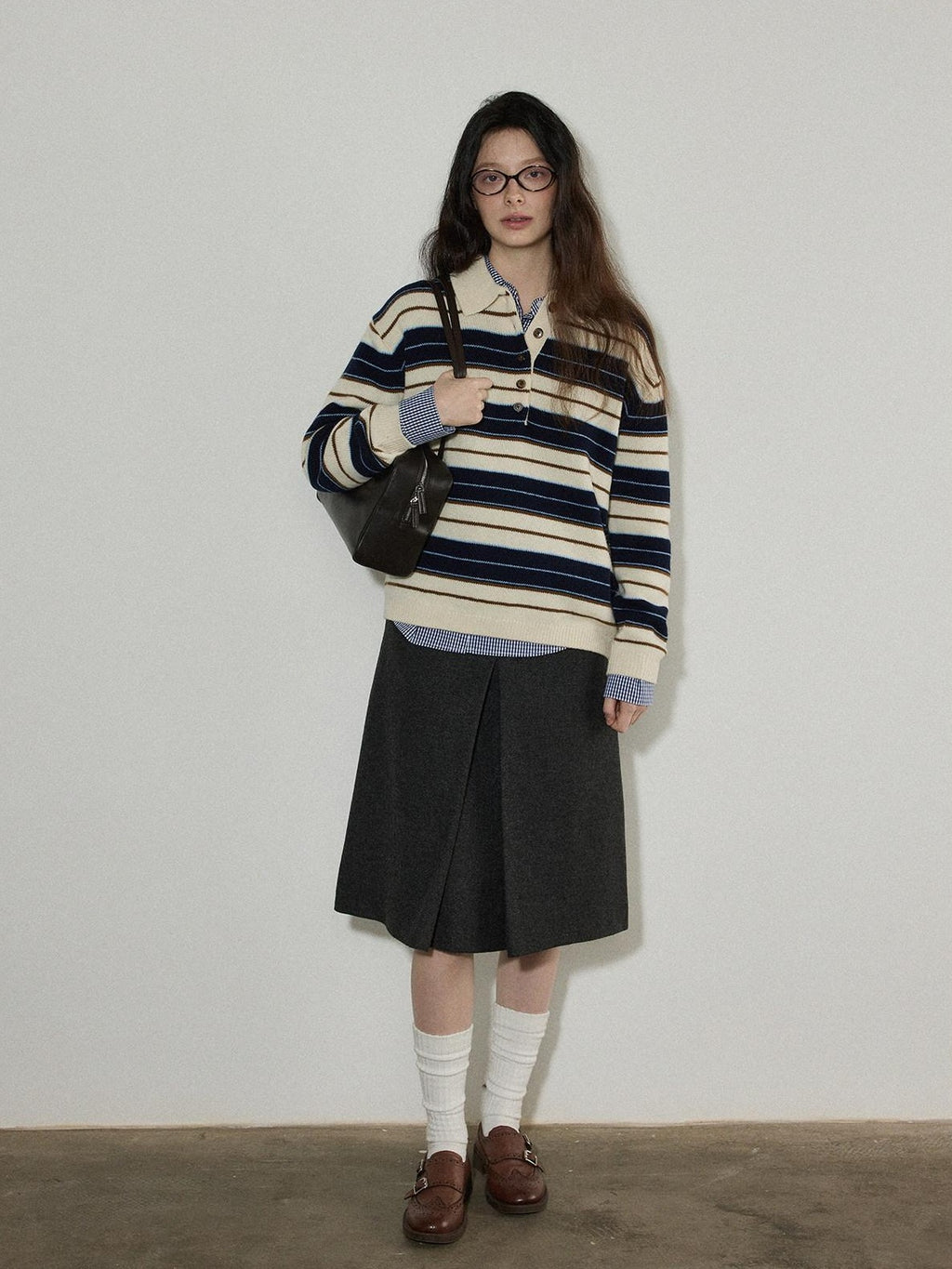 Lofi choose Contrast Polo Collar Striped Loose Office Knit Button Pullover Women Sweaters