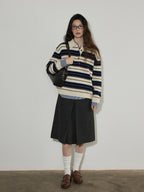 Lofi choose Contrast Polo Collar Striped Loose Office Knit Button Pullover Women Sweaters