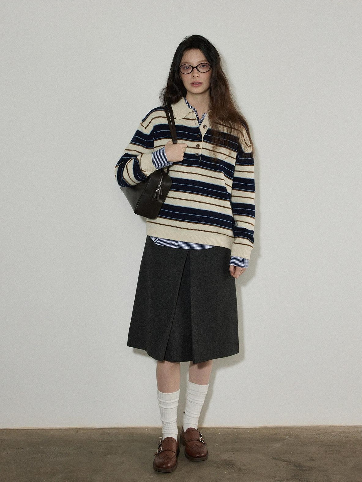 Lofi choose Contrast Polo Collar Striped Loose Office Knit Button Pullover Women Sweaters