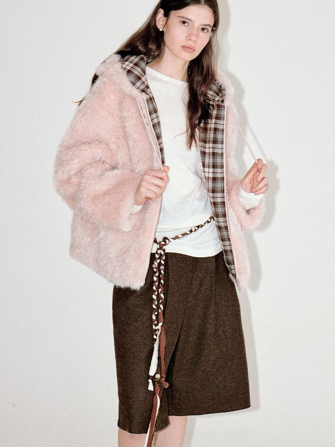 fano Cozy Lotus Pink Plaid Zip Closure Relaxed Loose Fit Womens Outerwear Long Coats
