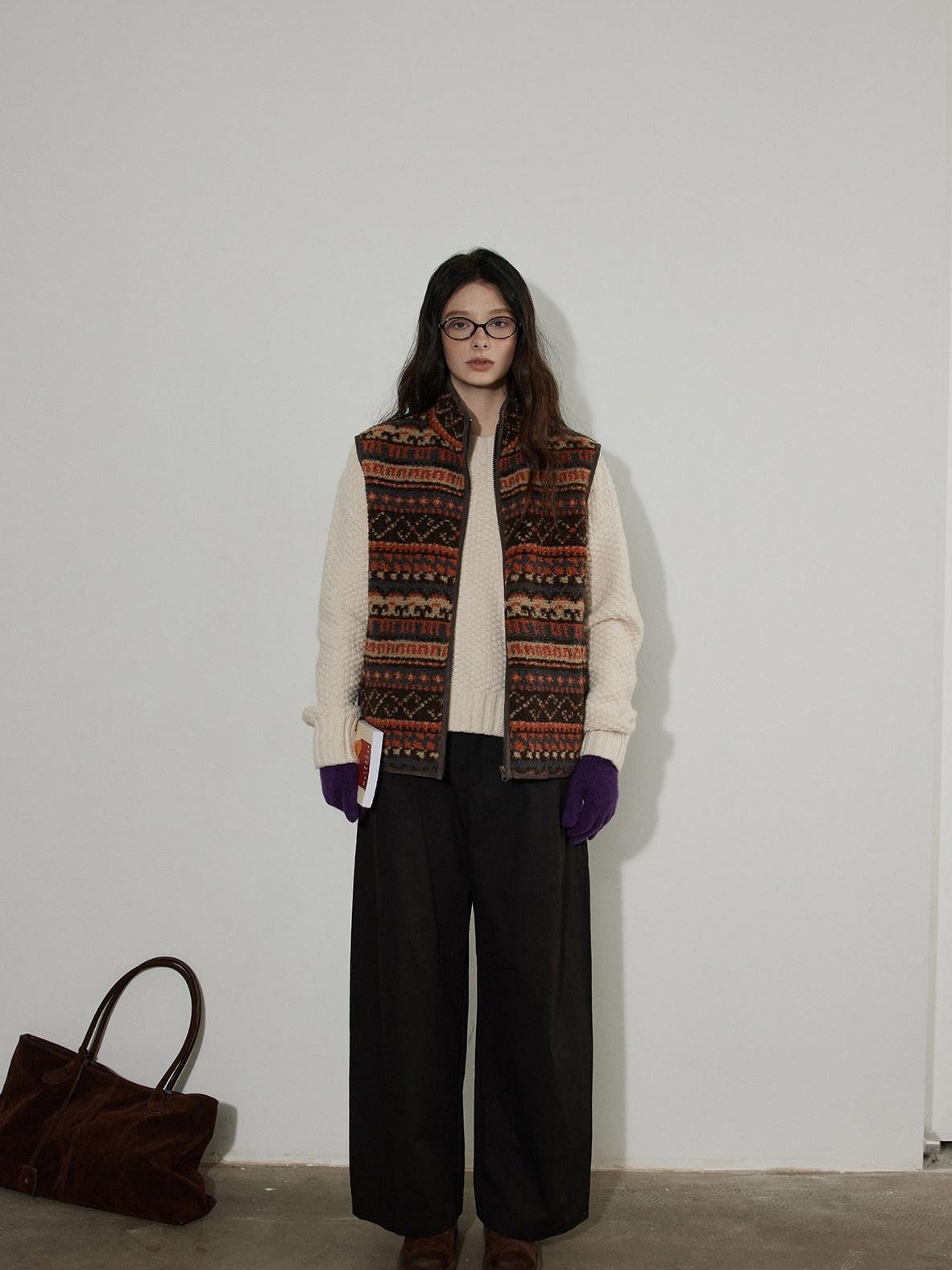 Lofi choose Thick Insulated Commuter Stand Collar Zipper Office Polyester Orange Brown Vests